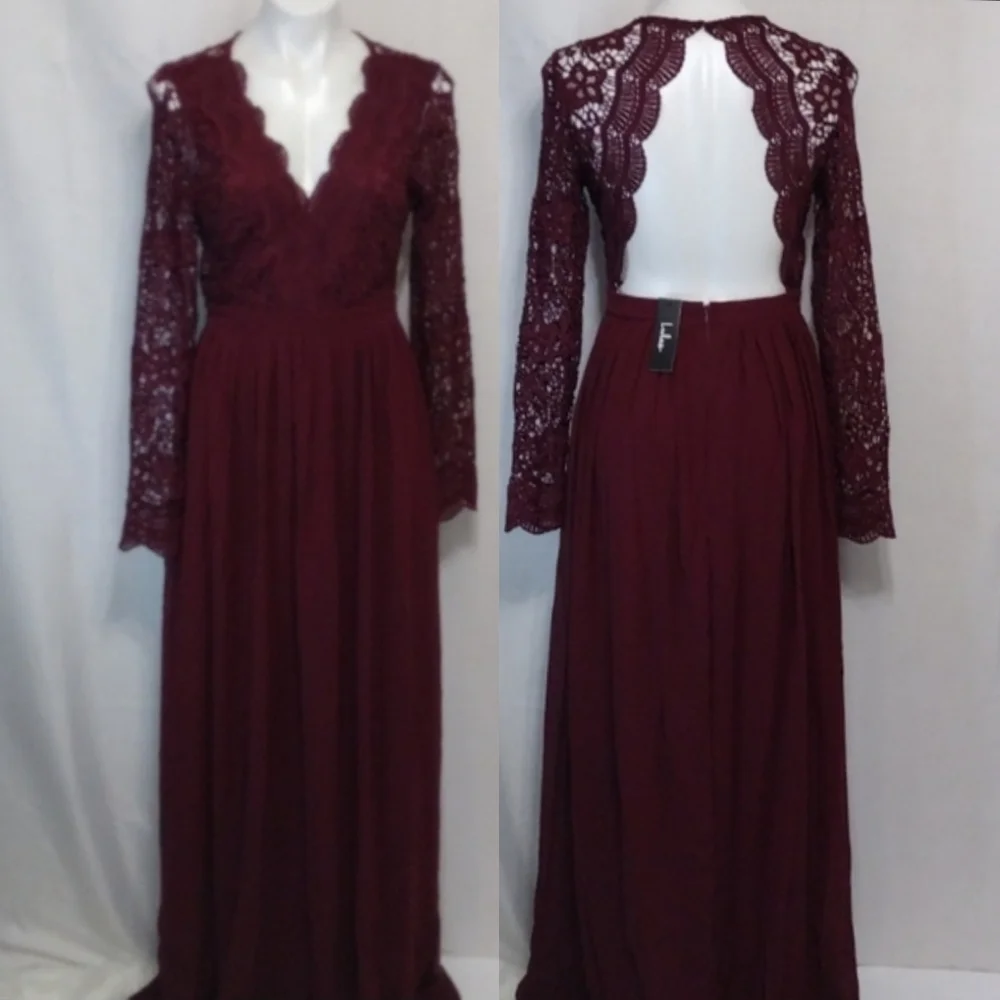 NWT Lulus Burgundy Lace Open Back Maxi Gown Romantic Formal Evening Glam Medium - Picture 2 of 14